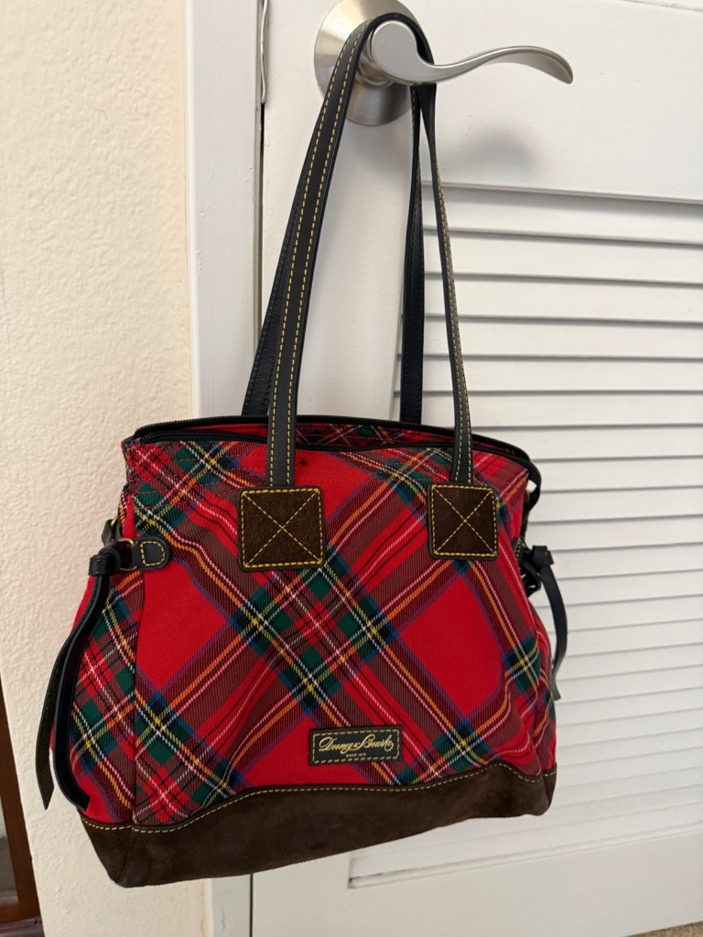 Dooney & Bourke Red Plaid Tartan Tote Shoulder Bag Leather Trim Satchel